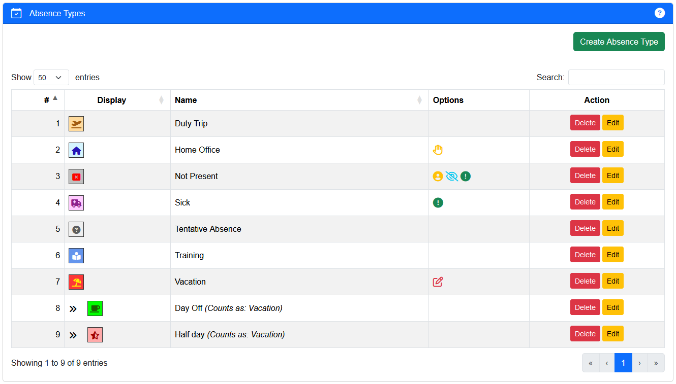 TeamCal Neo Absence Types