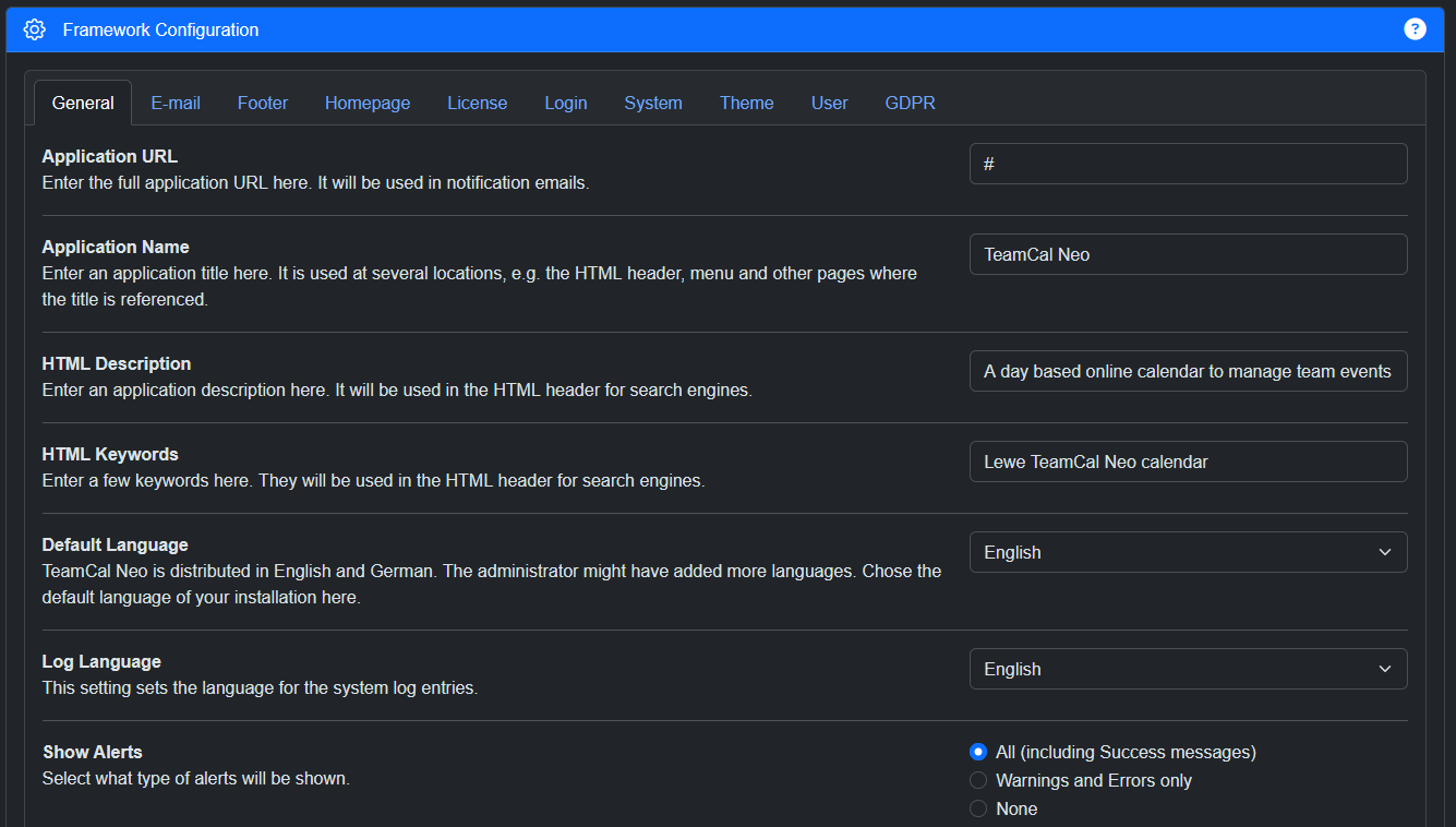 TeamCal Neo Framework Configuration