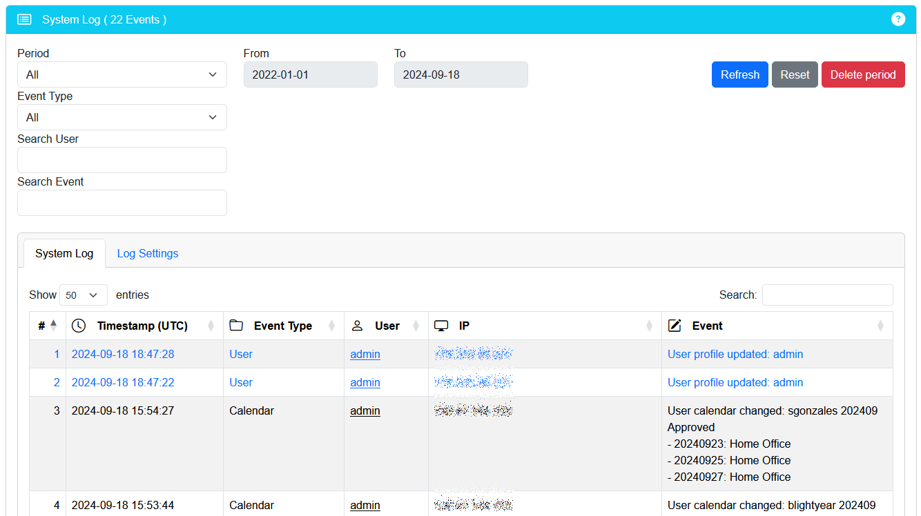 TeamCal Neo System Log
